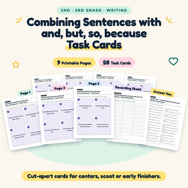 28 Combining Sentences with and, but, so, because Task Cards — cover