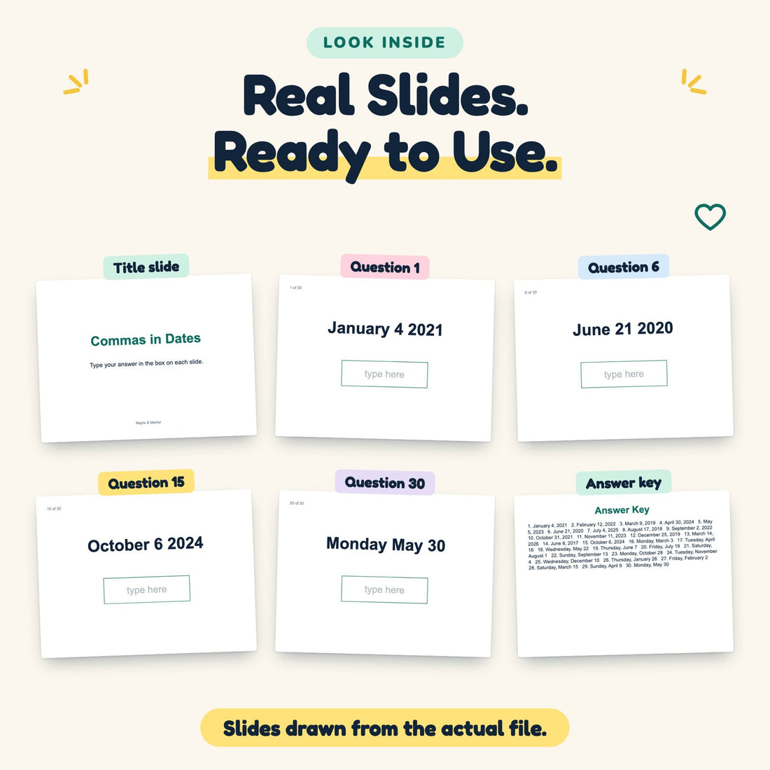 Commas in Dates digital deck: look inside