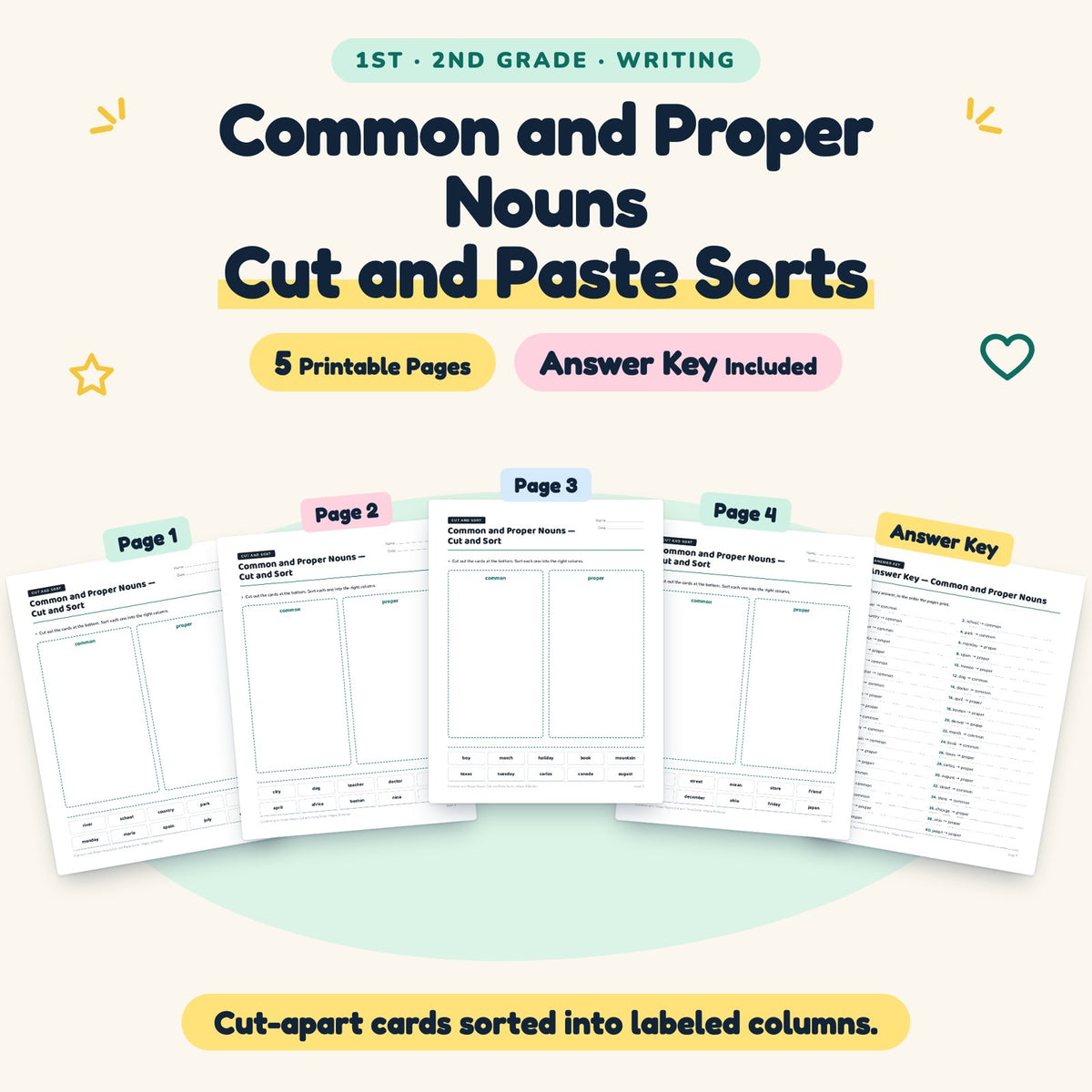 5 Common and Proper Nouns Cut and Paste Sorts — cover
