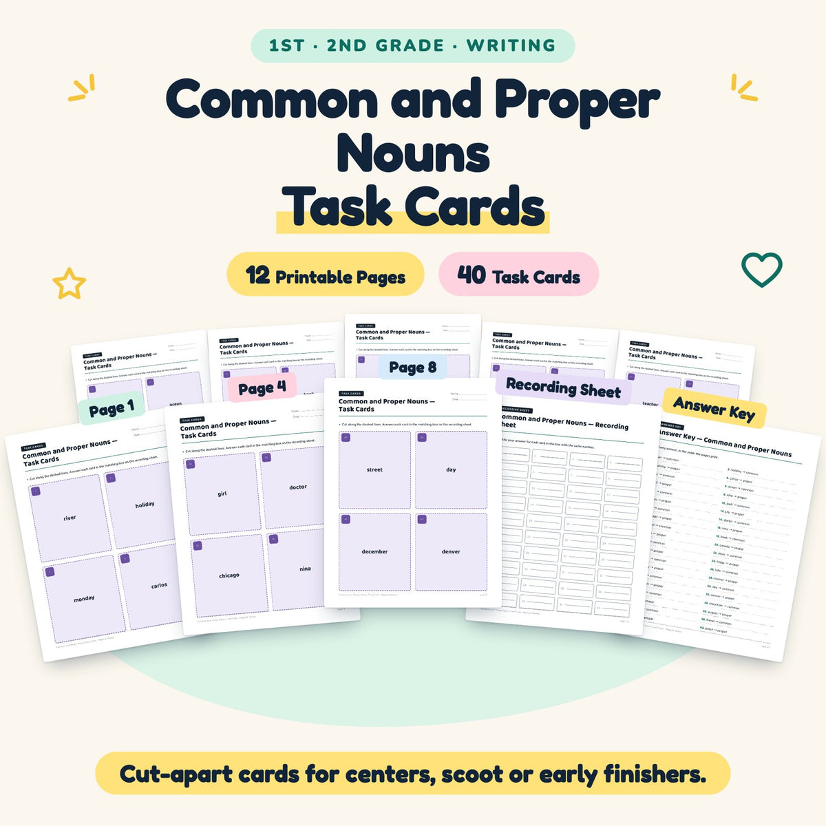 40 Common and Proper Nouns Task Cards — cover