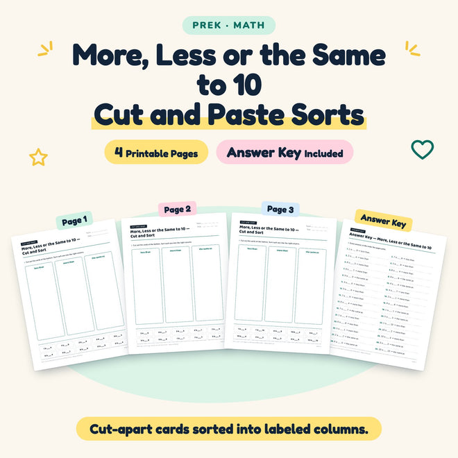 4 More, Less or the Same to 10 Cut and Paste Sorts — cover