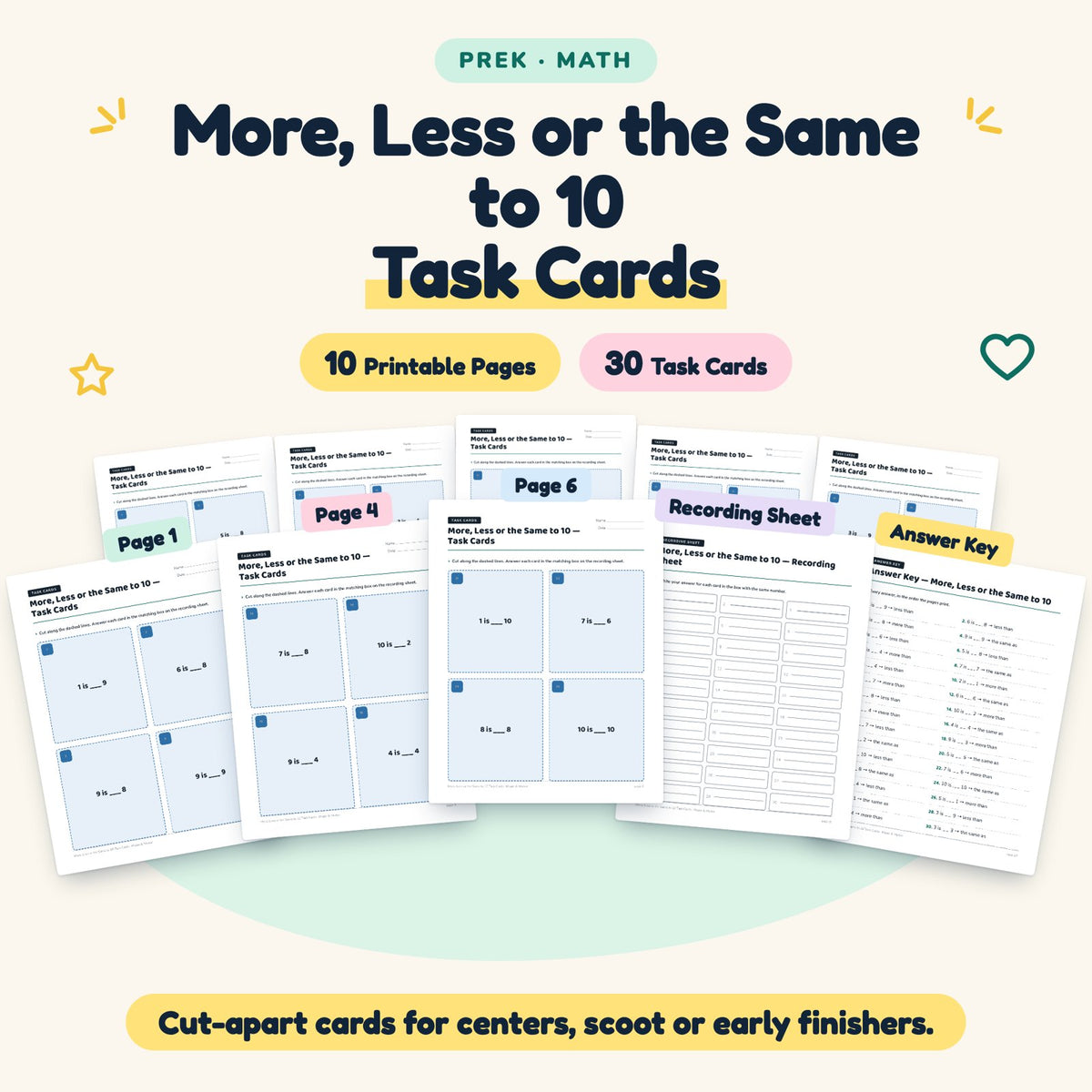 30 More, Less or the Same to 10 Task Cards — cover