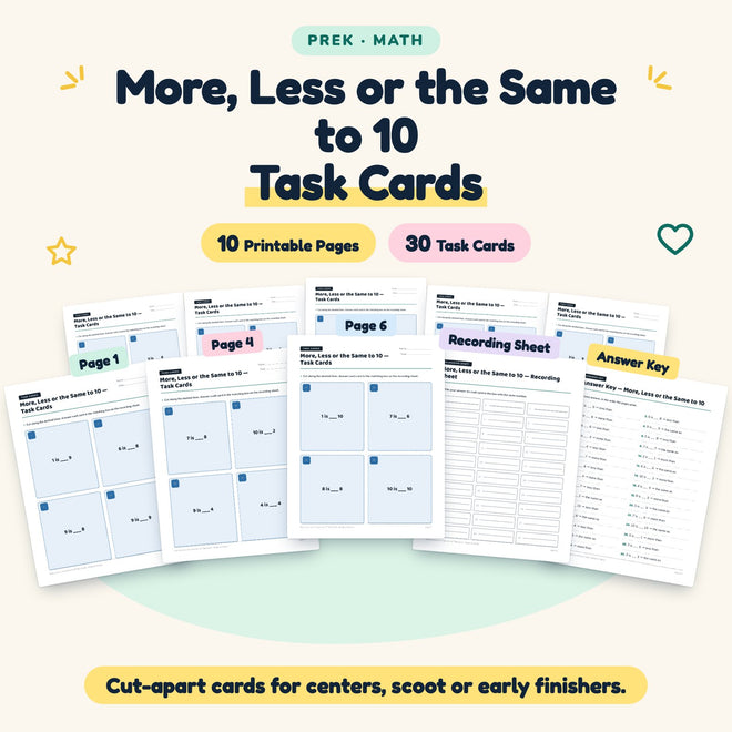 30 More, Less or the Same to 10 Task Cards — cover