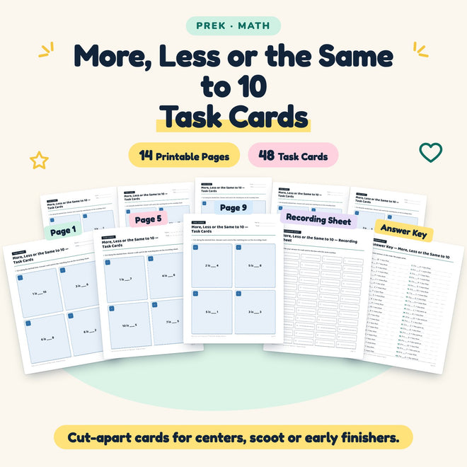 More, Less or the Same to 10 Task Cards | Preschool Math — cover