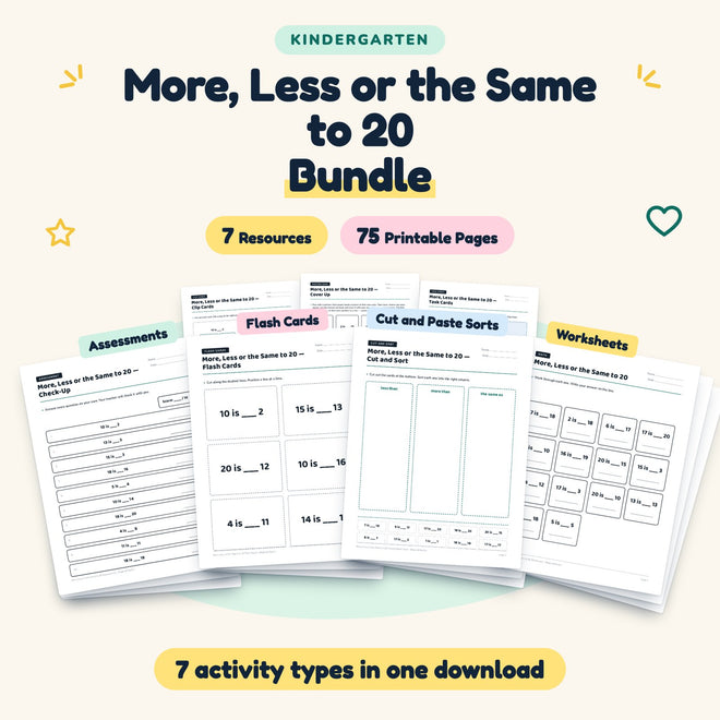 More, Less or the Same to 20 Bundle | Kindergarten Math — cover