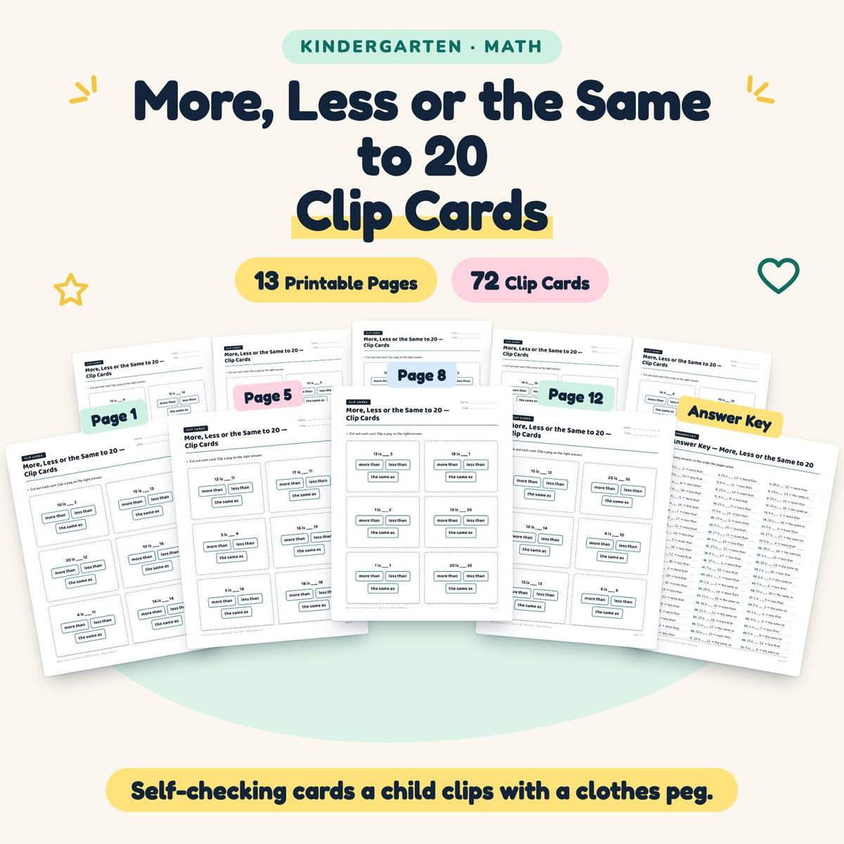 More, Less or the Same to 20 Clip Cards | Kindergarten Math — cover