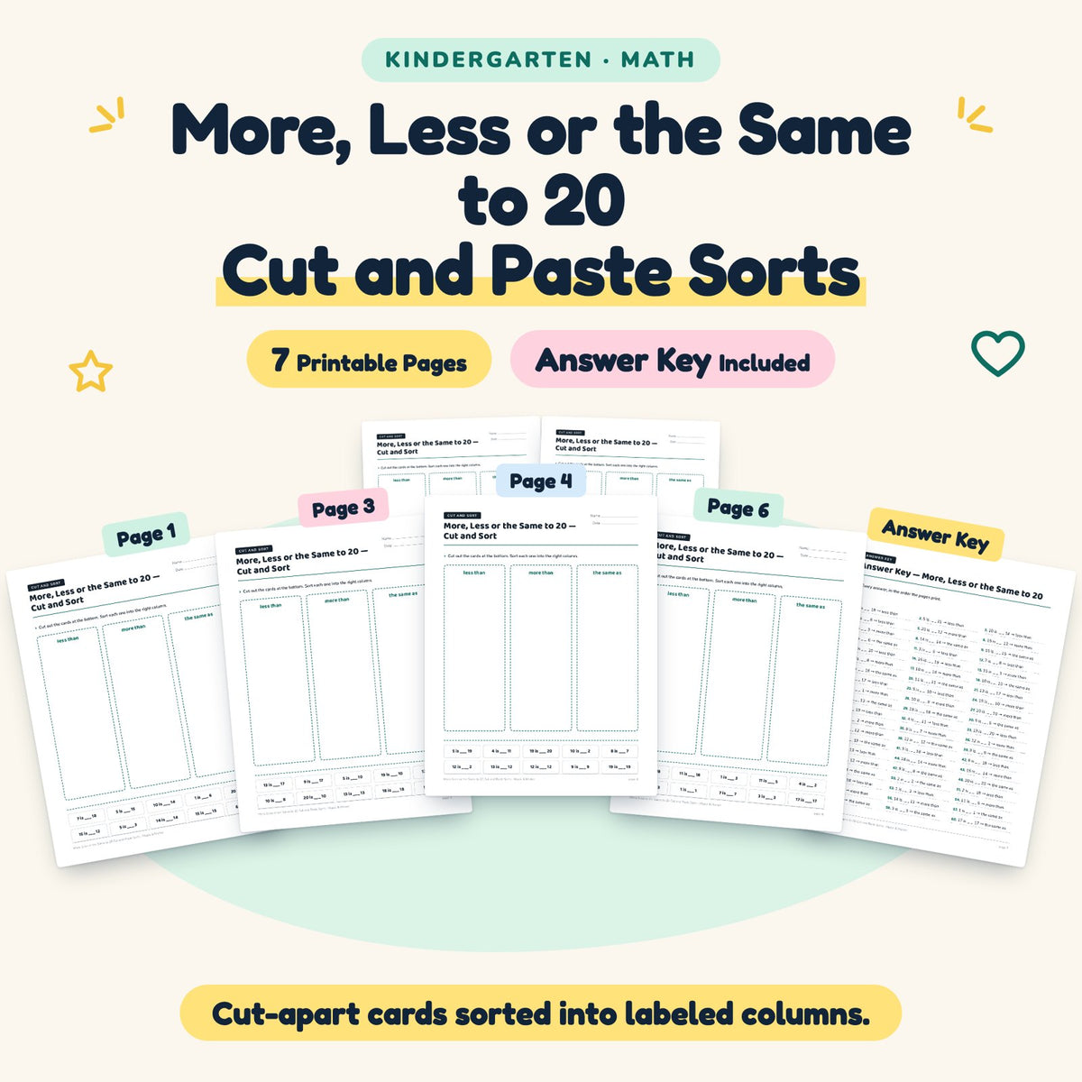 7 More, Less or the Same to 20 Cut and Paste Sorts — cover