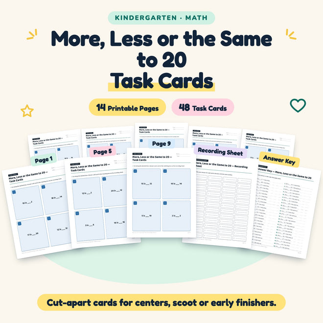 48 More, Less or the Same to 20 Task Cards — cover