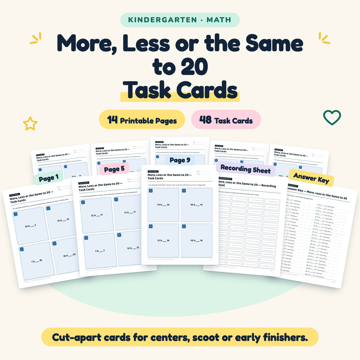 More, Less or the Same to 20 Task Cards | Kindergarten Math — cover