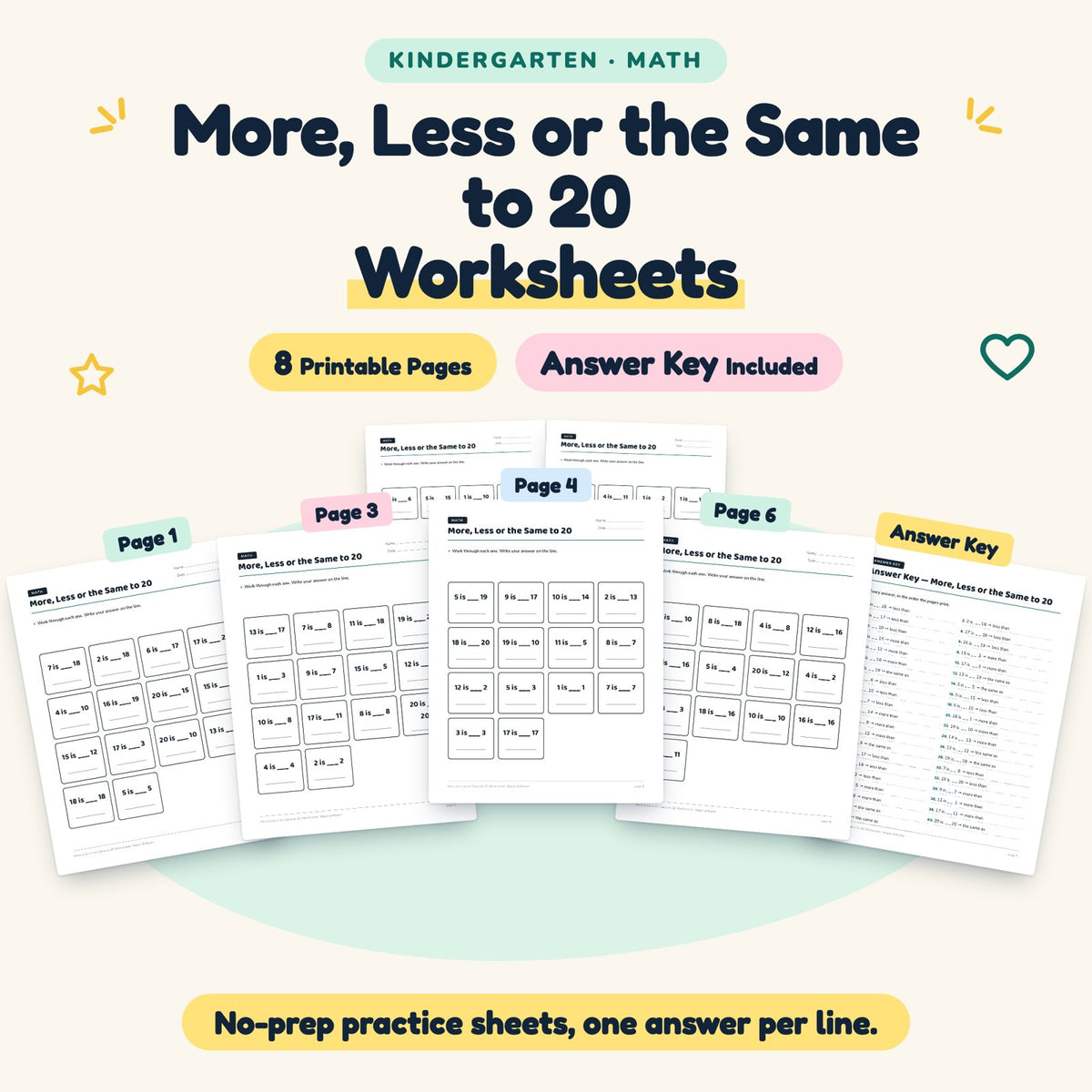 More, Less or the Same to 20 Worksheets | Kindergarten Math — cover