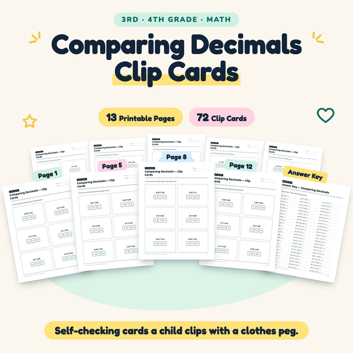 72 Comparing Decimals Clip Cards — cover