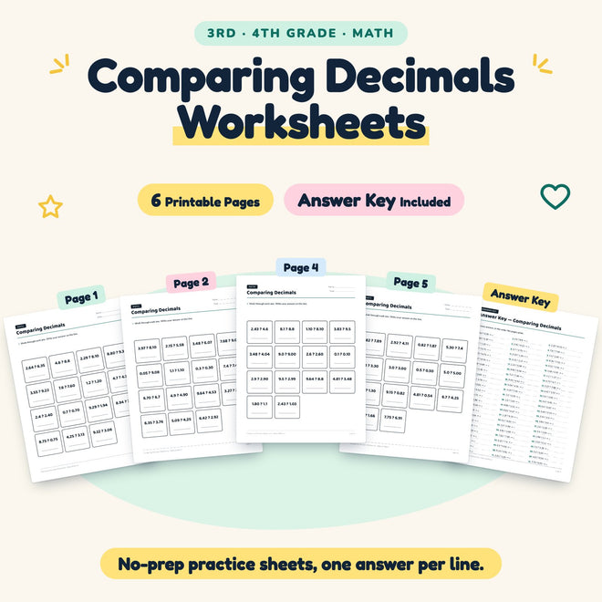 6 Comparing Decimals Worksheets — cover