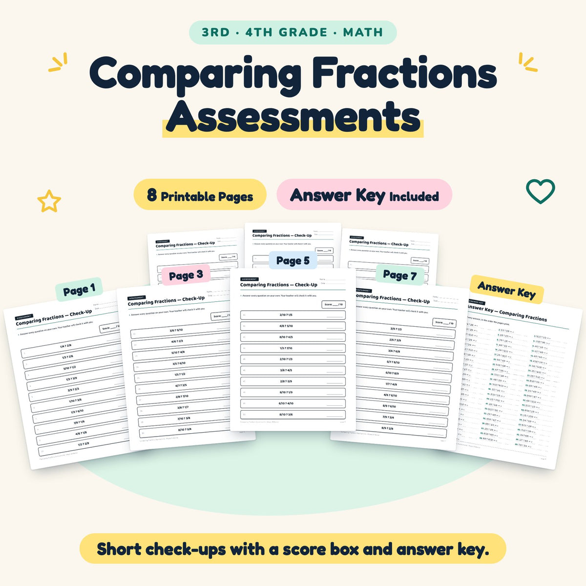 Comparing Fractions Assessments | 3rd–4th Grade (7 Pages) — cover