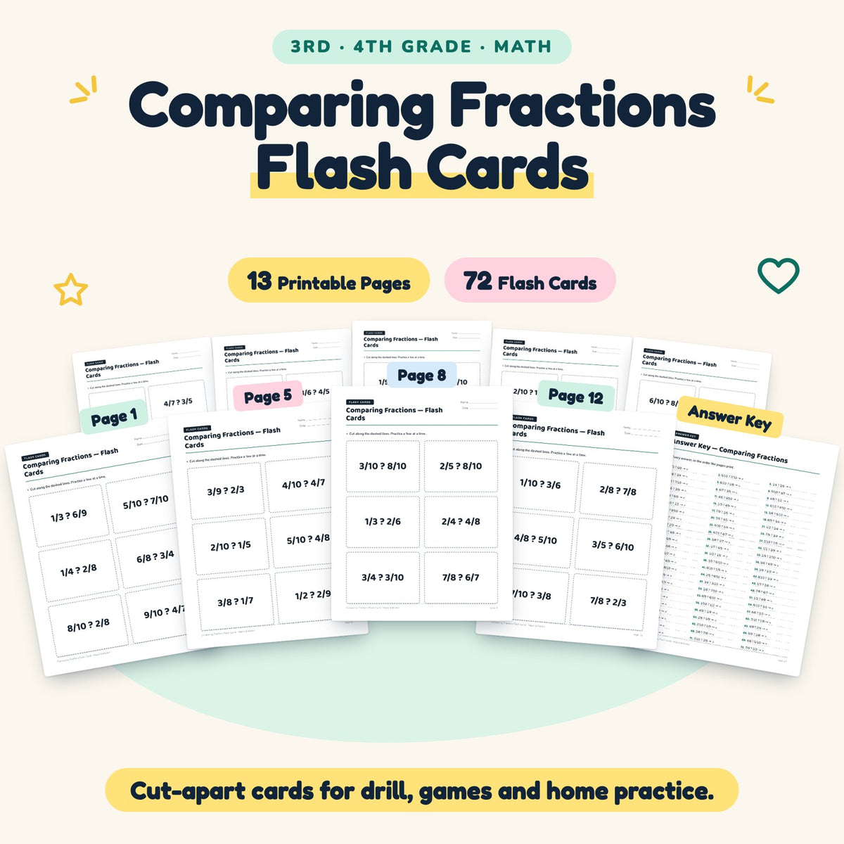 72 Comparing Fractions Flash Cards — cover