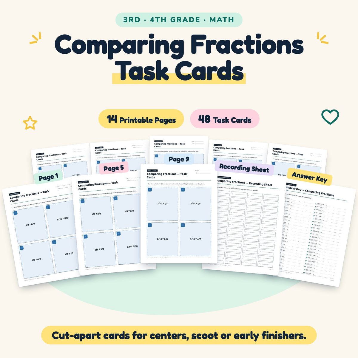 48 Comparing Fractions Task Cards — cover