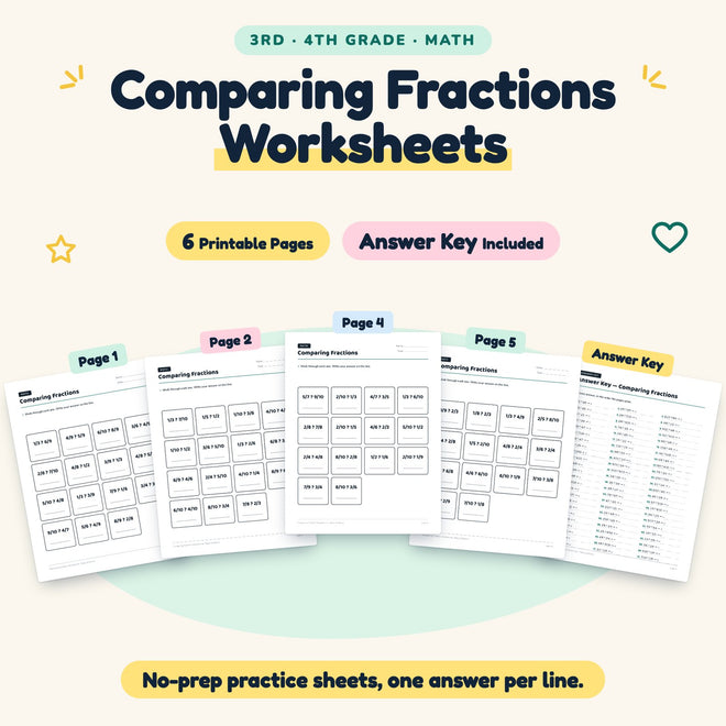 6 Comparing Fractions Worksheets — cover