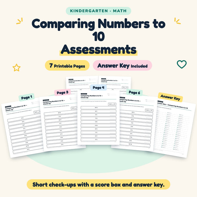 7 Comparing Numbers to 10 Assessments — cover