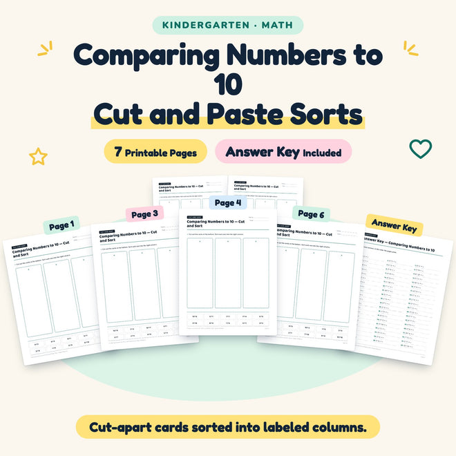 7 Comparing Numbers to 10 Cut and Paste Sorts — cover