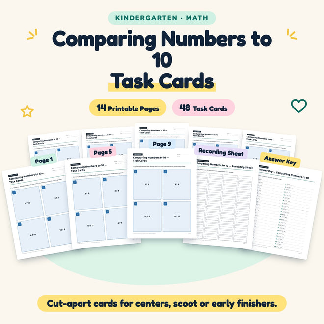 Comparing Numbers to 10 Task Cards | Kindergarten (48 Cards) — cover