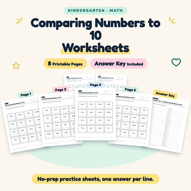 FREE Comparing Numbers to 10 Worksheets | Kindergarten Math — cover