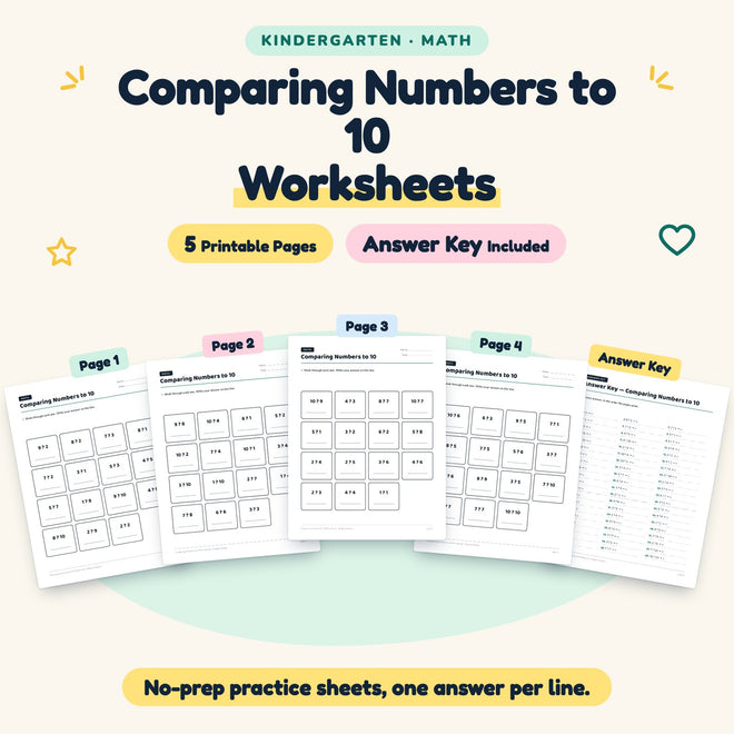 FREE 5 Comparing Numbers to 10 Worksheets — cover