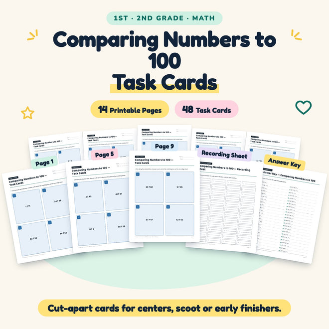 48 Comparing Numbers to 100 Task Cards — cover
