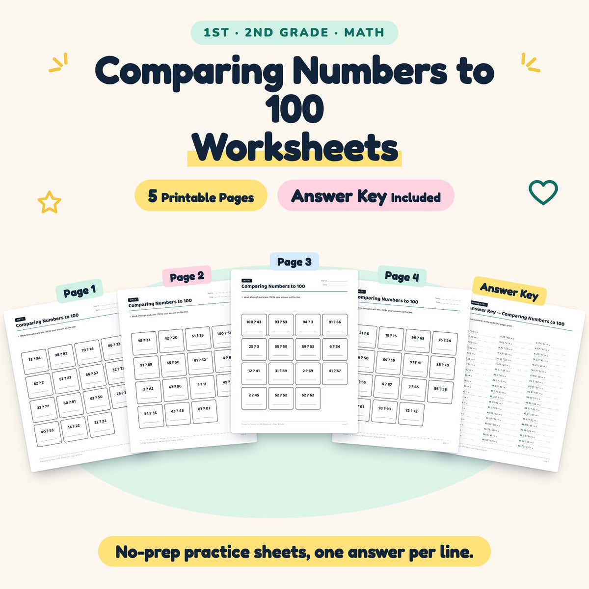 5 Comparing Numbers to 100 Worksheets — cover