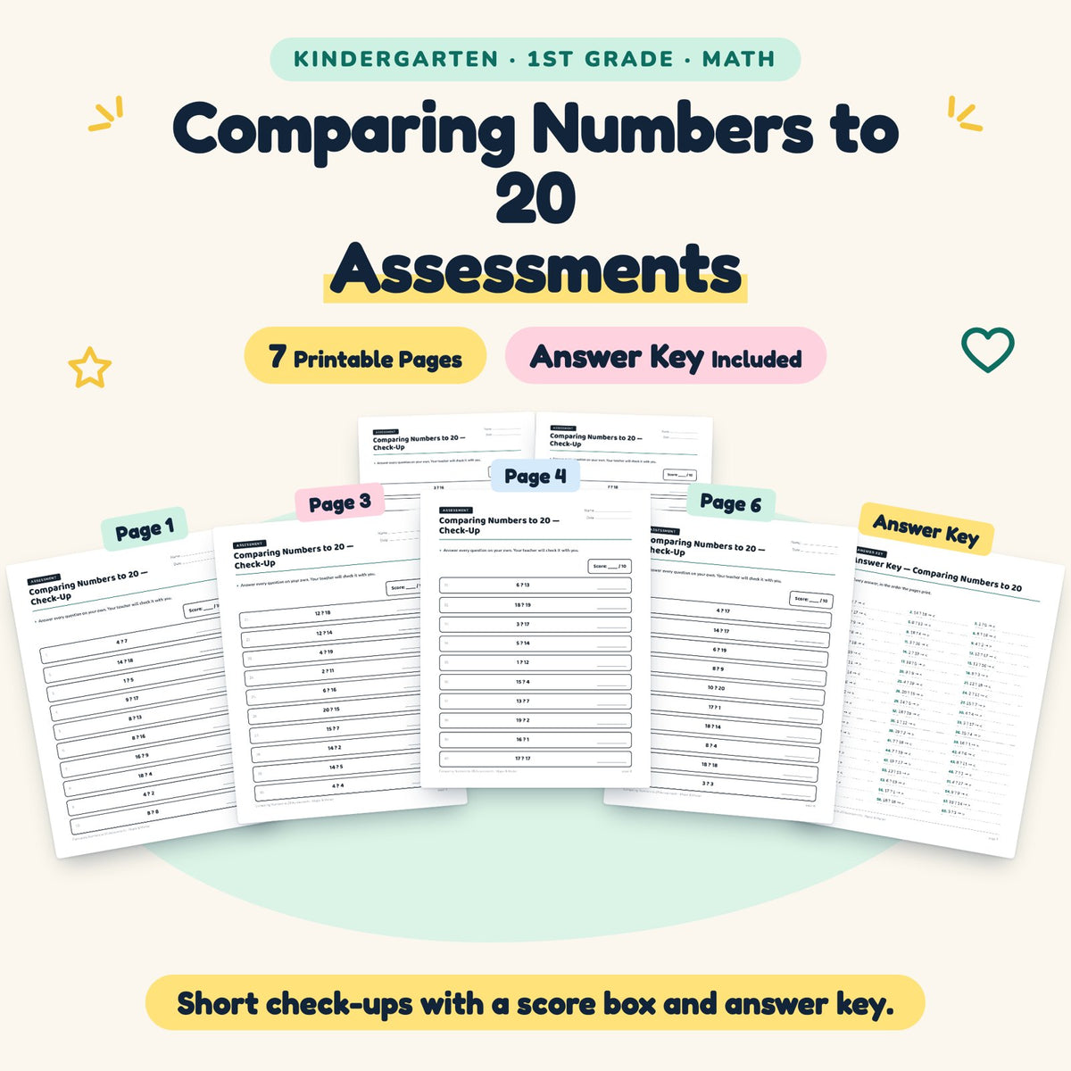 7 Comparing Numbers to 20 Assessments — cover