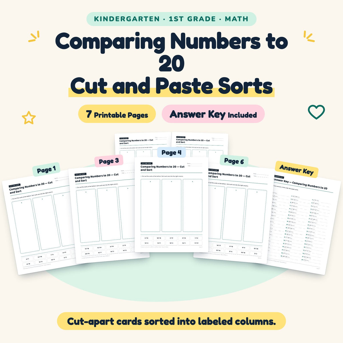 7 Comparing Numbers to 20 Cut and Paste Sorts — cover