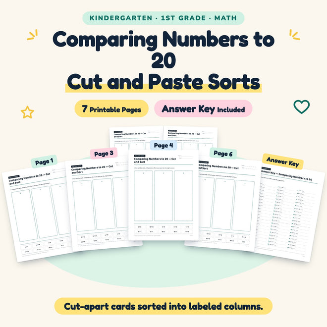 7 Comparing Numbers to 20 Cut and Paste Sorts — cover