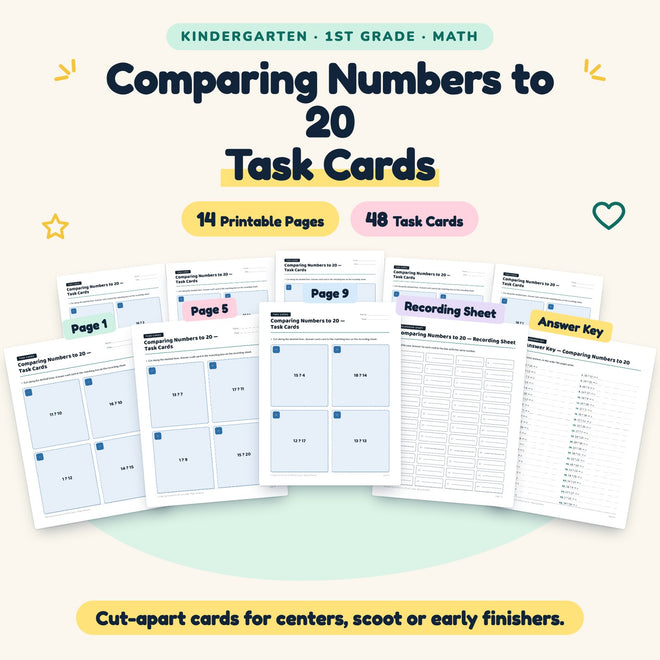 Comparing Numbers to 20 Task Cards | K–1st Grade (48 Cards) — cover