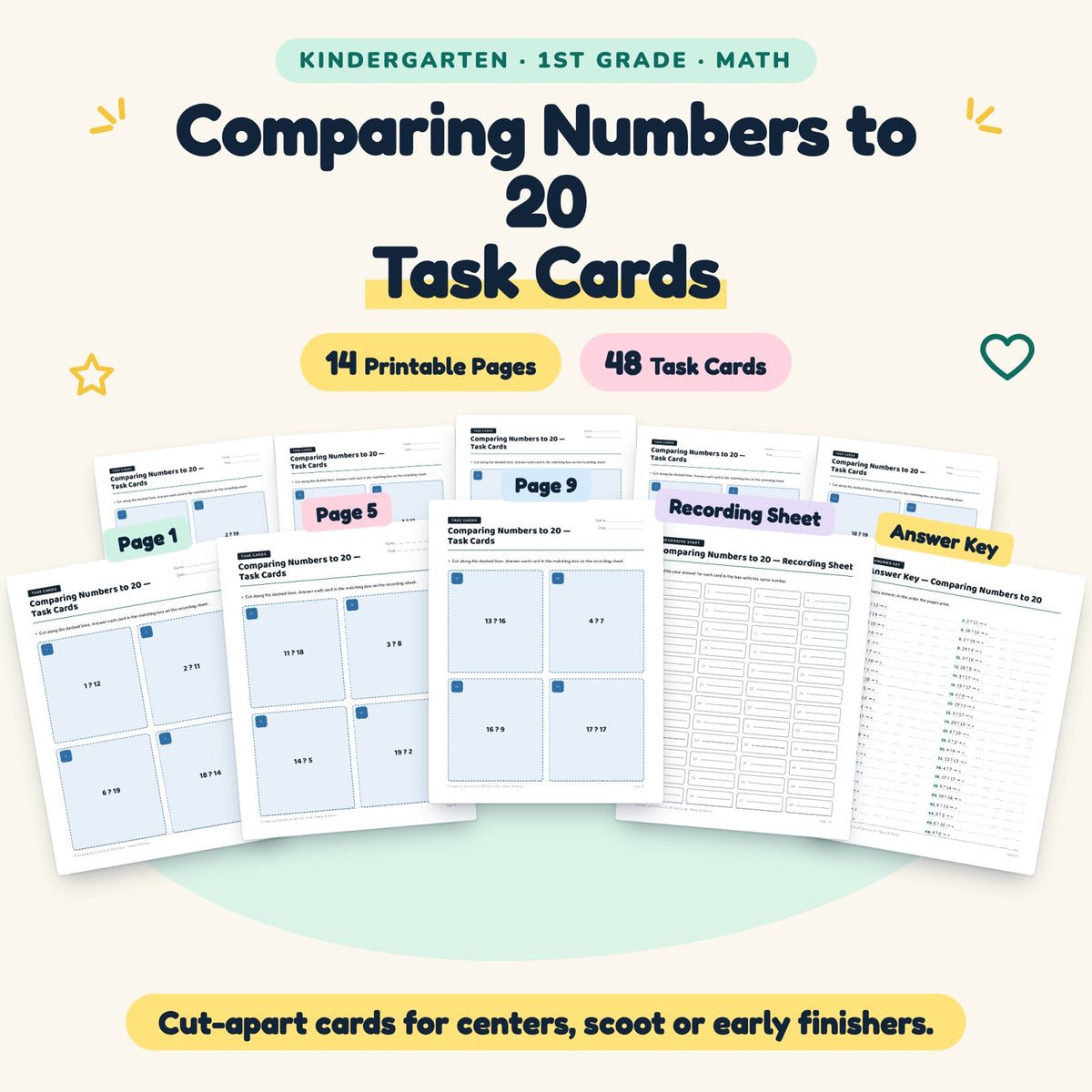 48 Comparing Numbers to 20 Task Cards — cover