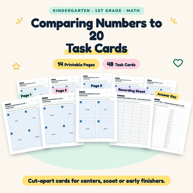 48 Comparing Numbers to 20 Task Cards — cover