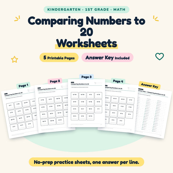 5 Comparing Numbers to 20 Worksheets — cover
