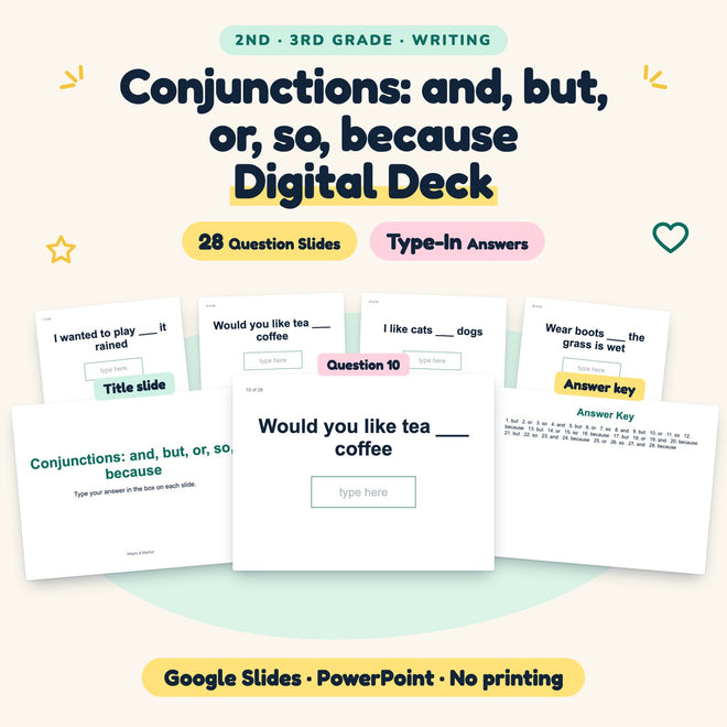 28 Question Conjunctions: and, but, or, so, because Digital Deck — cover