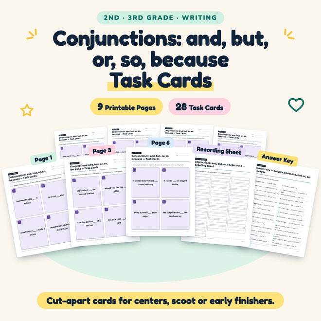 28 Conjunctions: and, but, or, so, because Task Cards — cover