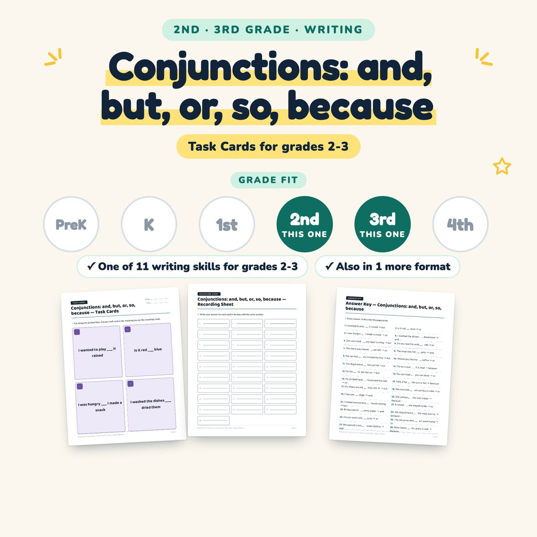 Conjunctions: and, but, or, so, because: skill and grade fit