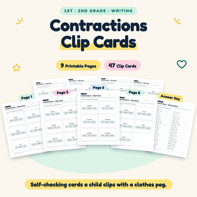 Contractions Clip Cards | 1st–2nd Grade Grammar (22 Cards) — cover