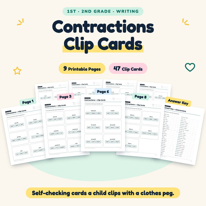 Contractions Clip Cards | 1st–2nd Grade Grammar (22 Cards) — cover