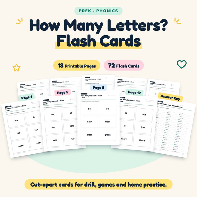 How Many Letters? Flash Cards | Preschool Phonics (72 Cards) — cover