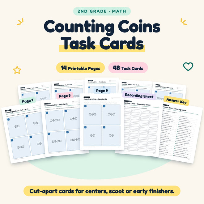 Counting Coins Task Cards | 2nd Grade Math (30 Cards) — cover