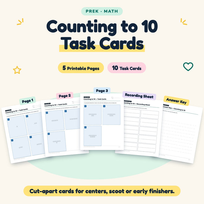 Counting to 10 Task Cards | Preschool Math (10 Cards) — cover