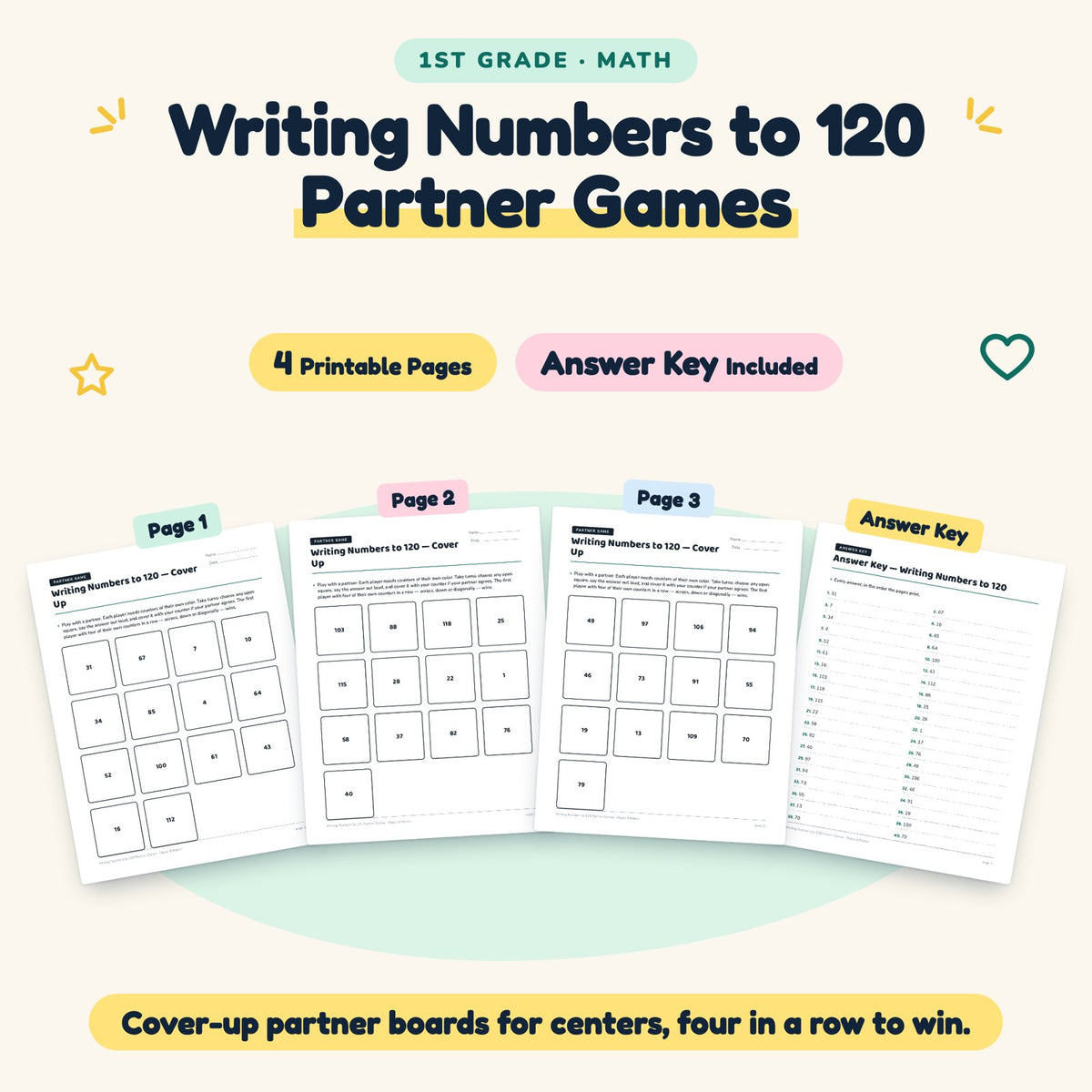 4 Writing Numbers to 120 Partner Games — cover