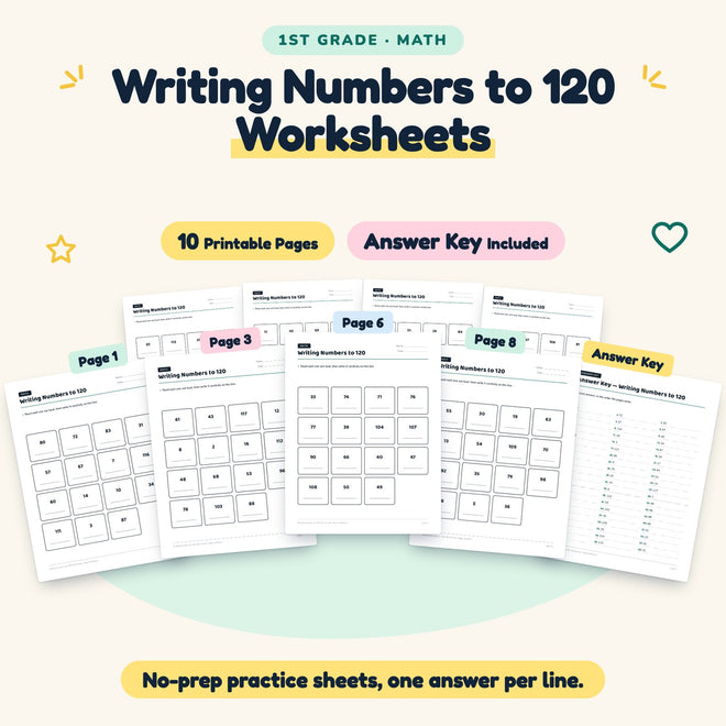 Writing Numbers to 120 Worksheets | 1st Grade (4 Pages) — cover