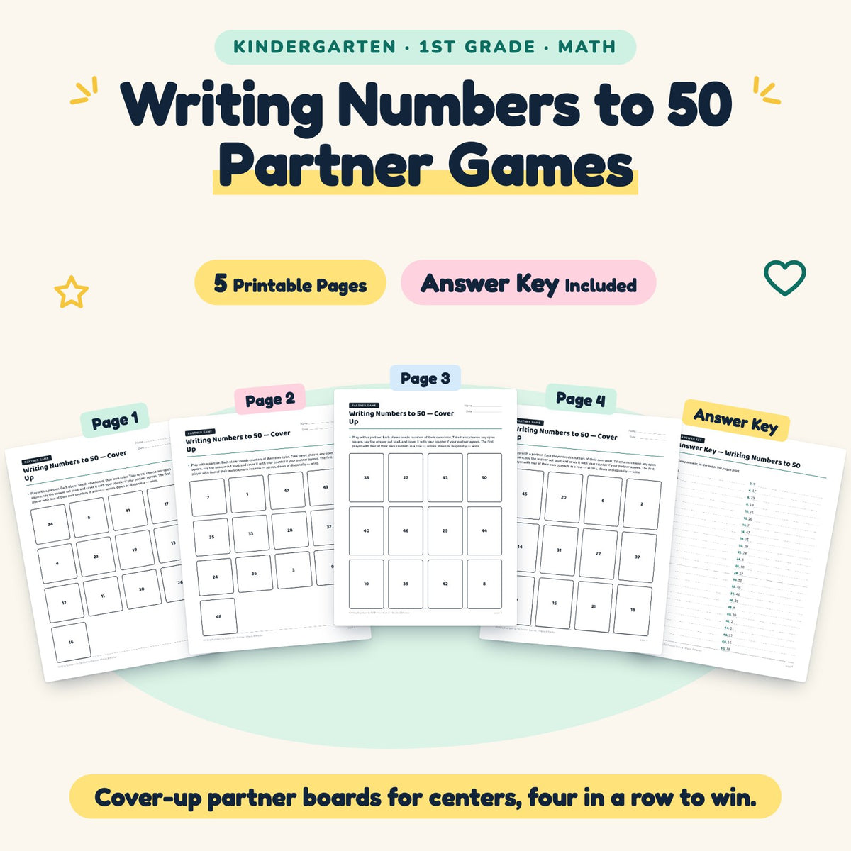 5 Writing Numbers to 50 Partner Games — cover