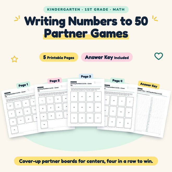 5 Writing Numbers to 50 Partner Games — cover