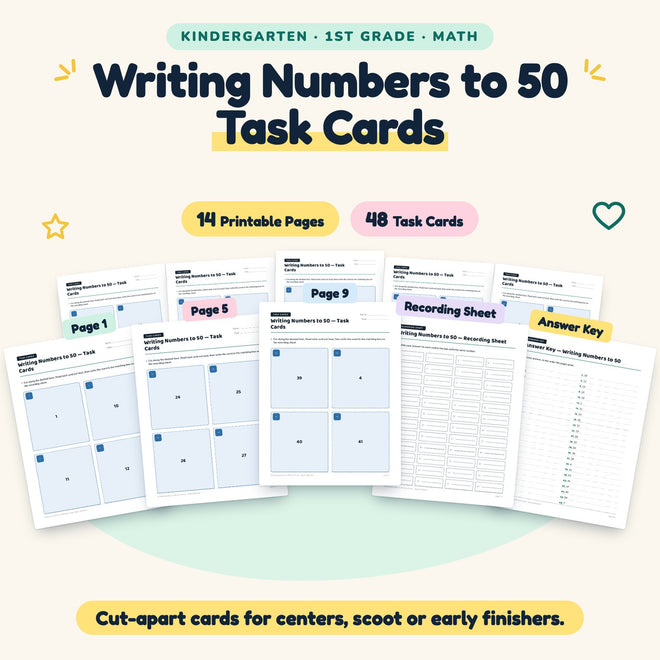 Writing Numbers to 50 Task Cards | K–1st Grade (48 Cards) — cover