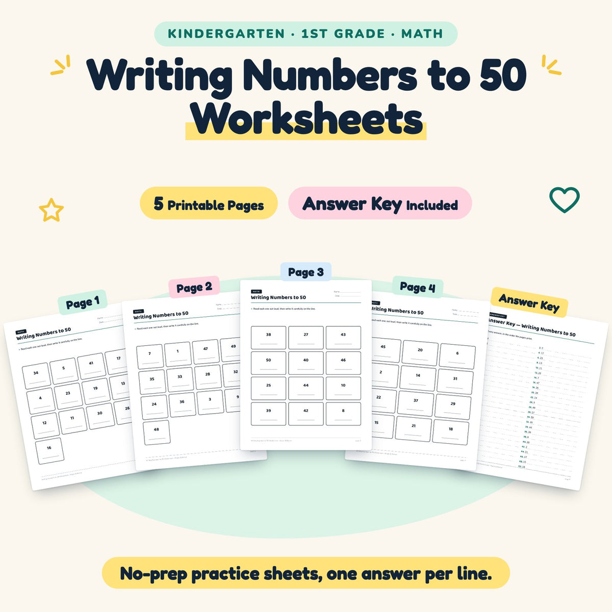 5 Writing Numbers to 50 Worksheets — cover
