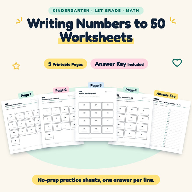 5 Writing Numbers to 50 Worksheets — cover