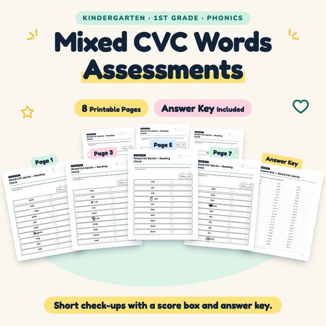Mixed CVC Words Assessments | K–1st Grade Phonics (7 Pages) — cover